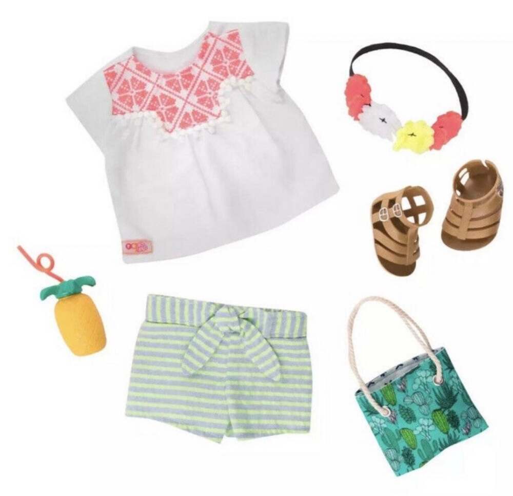 18" Doll Fiesta Aloha Outfit Clothes Fit American Girl Dolls OG Top Shoes Flower